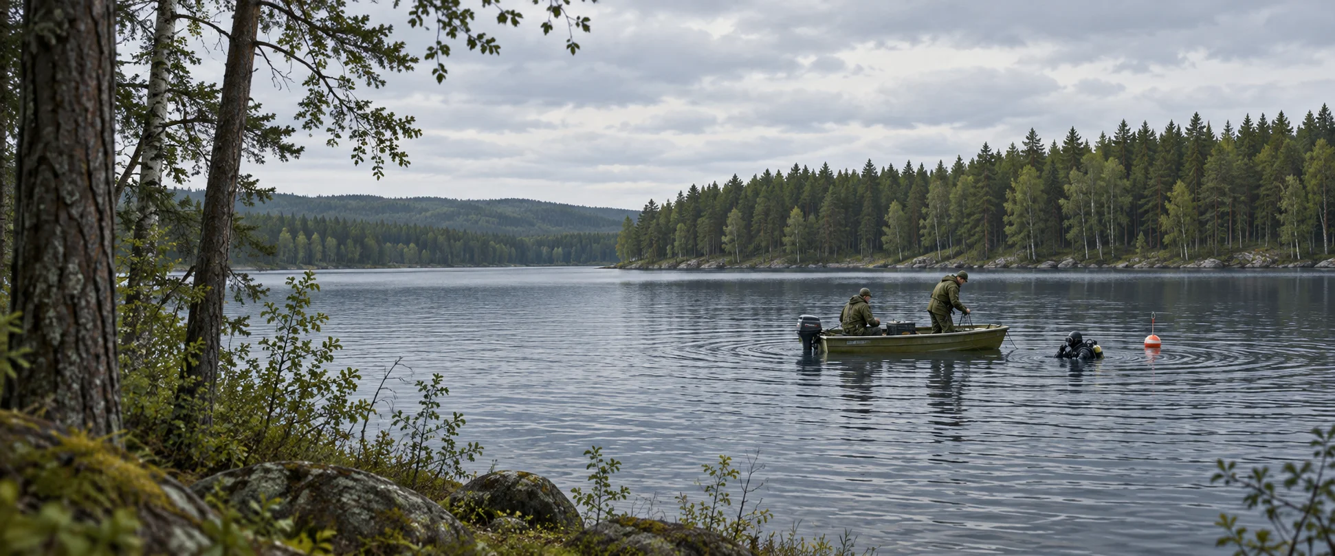 Conceptual illustration of a small search boat, a diver and a marker buoy on a wooded Swedish lake.