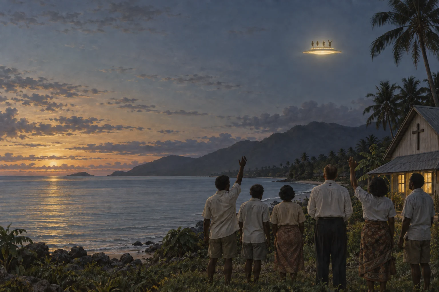 Conceptual illustration of people at a Papuan coastal mission waving toward four small figures on a distant luminous object at twilight.