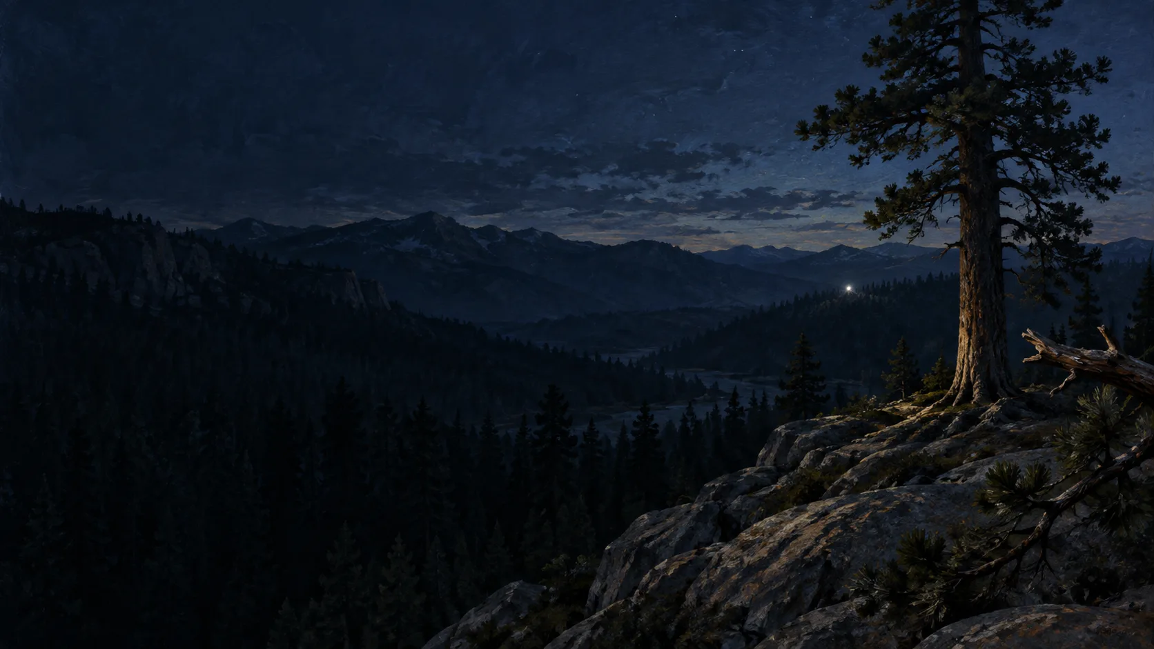 Conceptual illustration of a pine on a rocky Sierra Nevada ridge at night, with one small distant light across the valley.