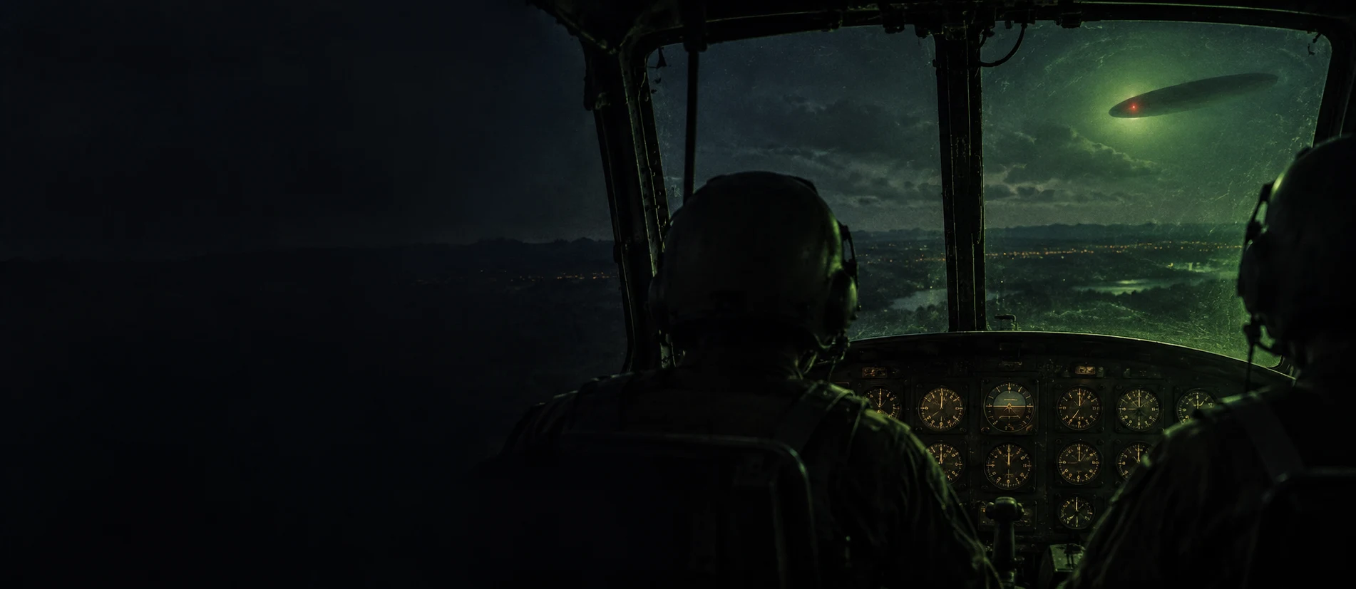 Conceptual illustration of a Huey cockpit at night, illuminated by a mysterious green light beyond the windshield.