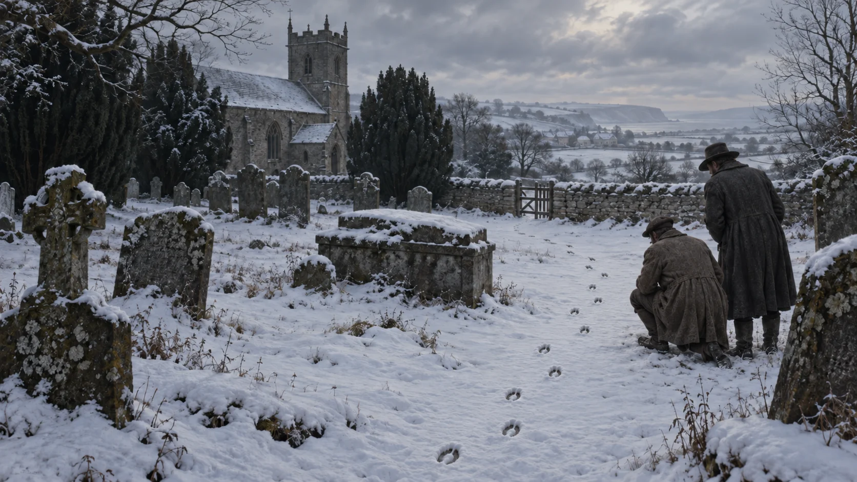 Conceptual illustration of two men examining hoof-like impressions alternating left and right in a bipedal walking trail through a snowy nineteenth-century Devon churchyard.