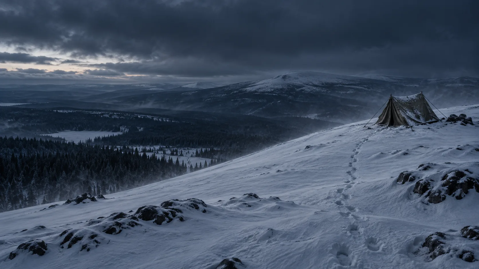 Conceptual illustration of a canvas tent on a snowy Ural slope, with footprints descending toward a distant forest under a dark winter sky.