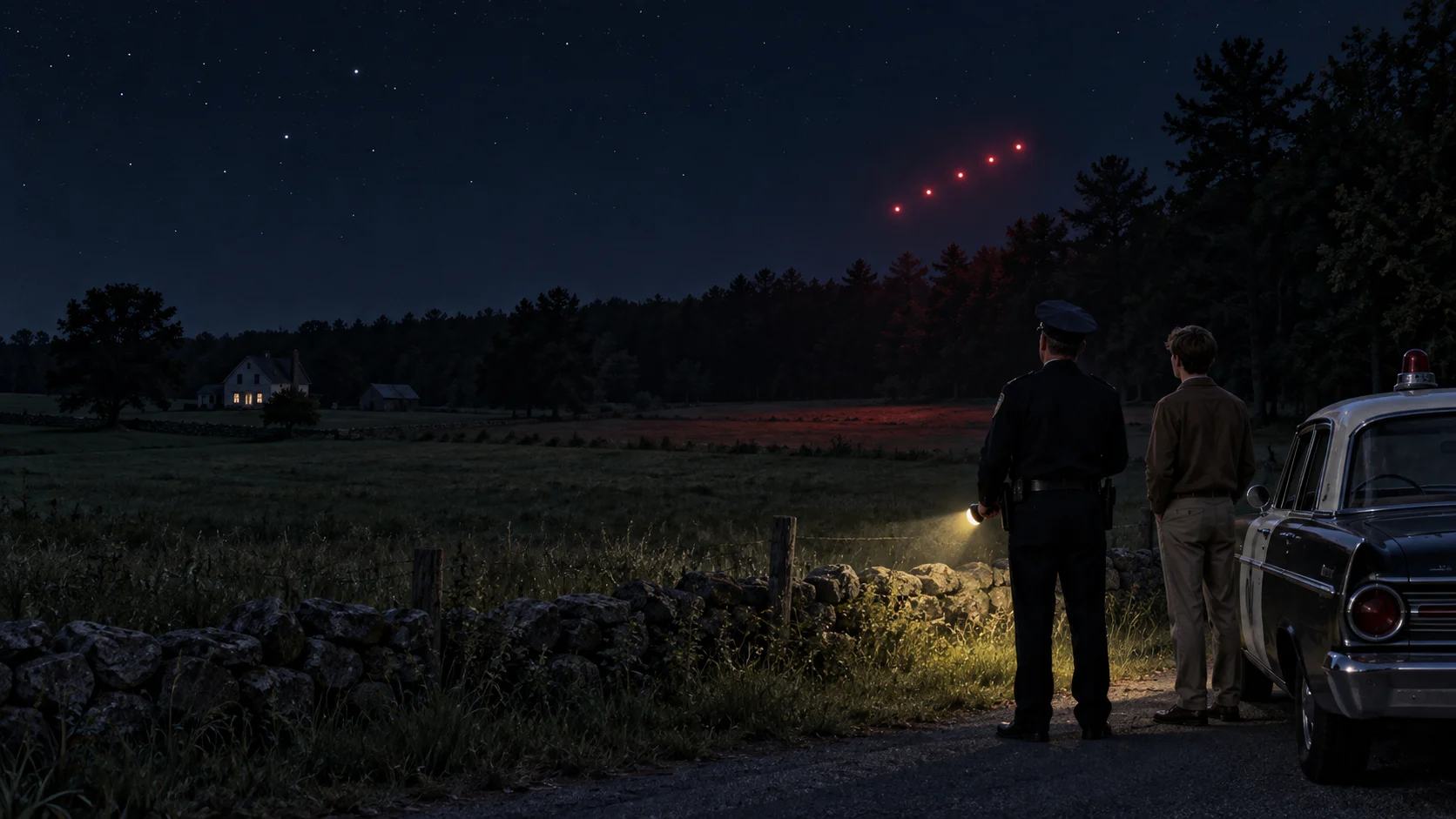 Conceptual illustration of a 1960s patrolman and a young adult beside a police sedan, watching five red lights above a New Hampshire farm's tree line.