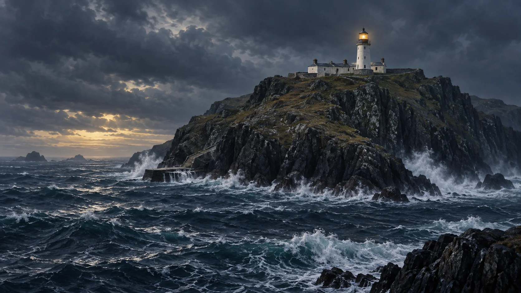 Conceptual illustration of a lighthouse on a steep rocky island above rough Atlantic water under a dark sky.