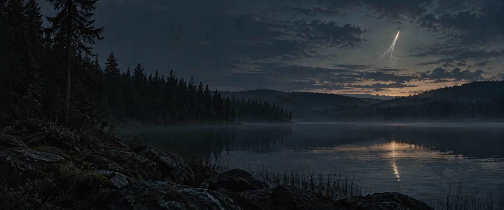 Conceptual illustration of a faint luminous streak above a forest lake in northern Sweden at twilight.