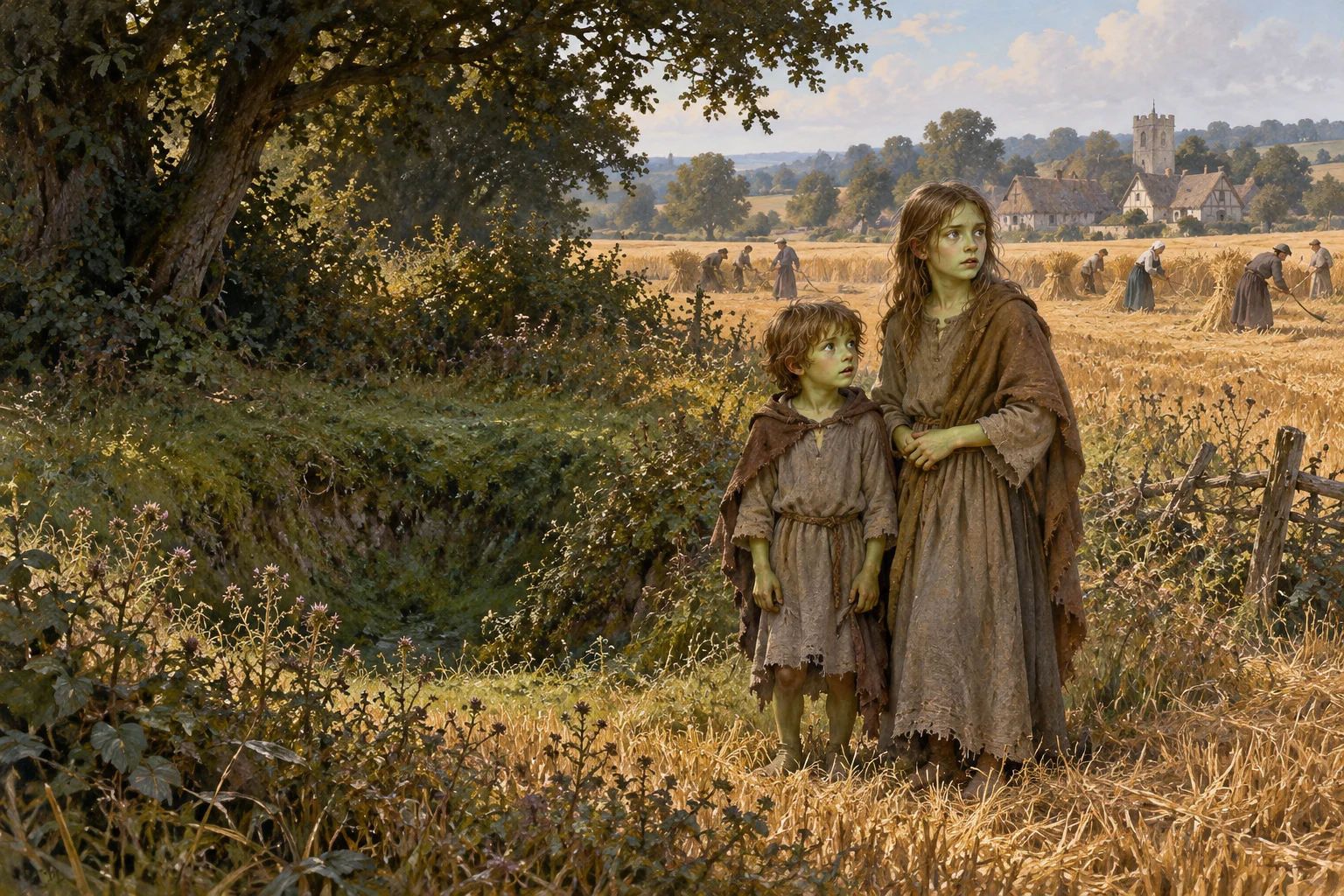 Conceptual illustration of two green-tinged children beside an overgrown hollow at the edge of a medieval Suffolk harvest field, with reapers in the distance.