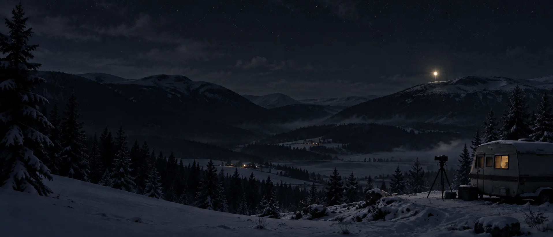 Conceptual illustration of a distant light over a snowy Norwegian valley, with a research caravan and tripod camera.