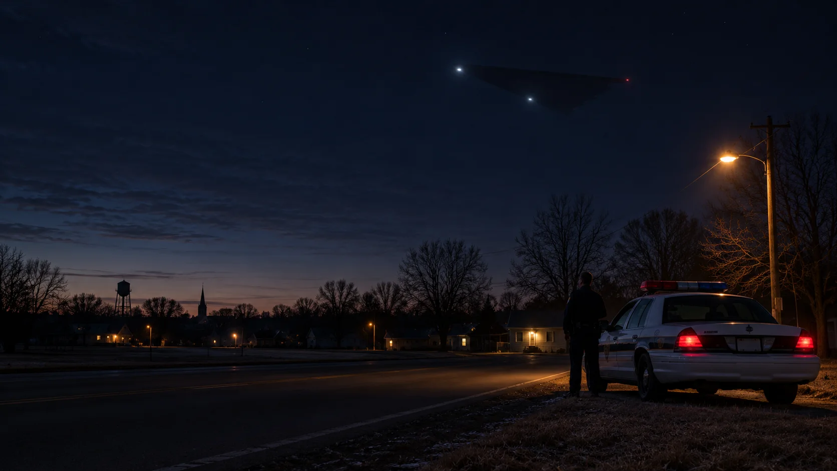 Conceptual illustration of a police officer beside a patrol car in an Illinois town before dawn, looking towards a dark triangular shape with lights.