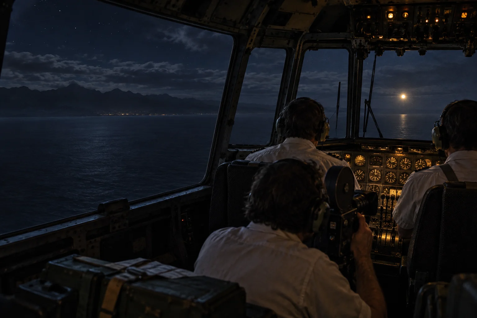 Conceptual illustration of a 1970s cargo aircraft flight deck, with two pilots and a cameraman watching a distant yellow-white light over dark coastal water.