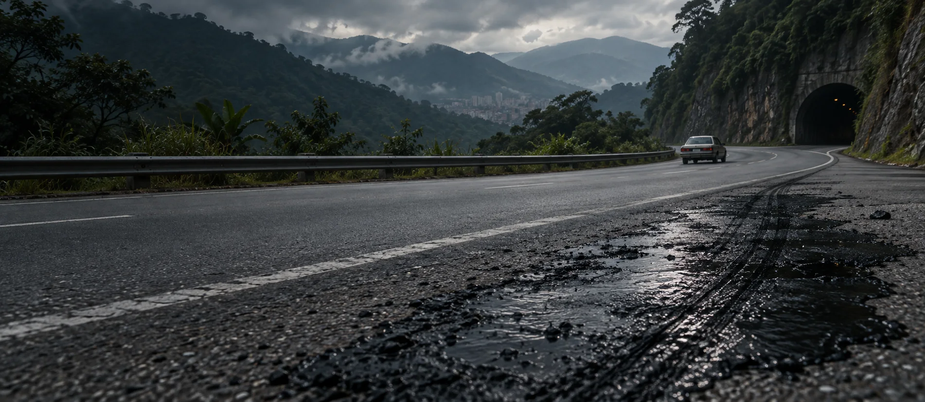 Conceptual illustration of a greasy black road deposit on a mountainous Venezuelan highway near a tunnel.