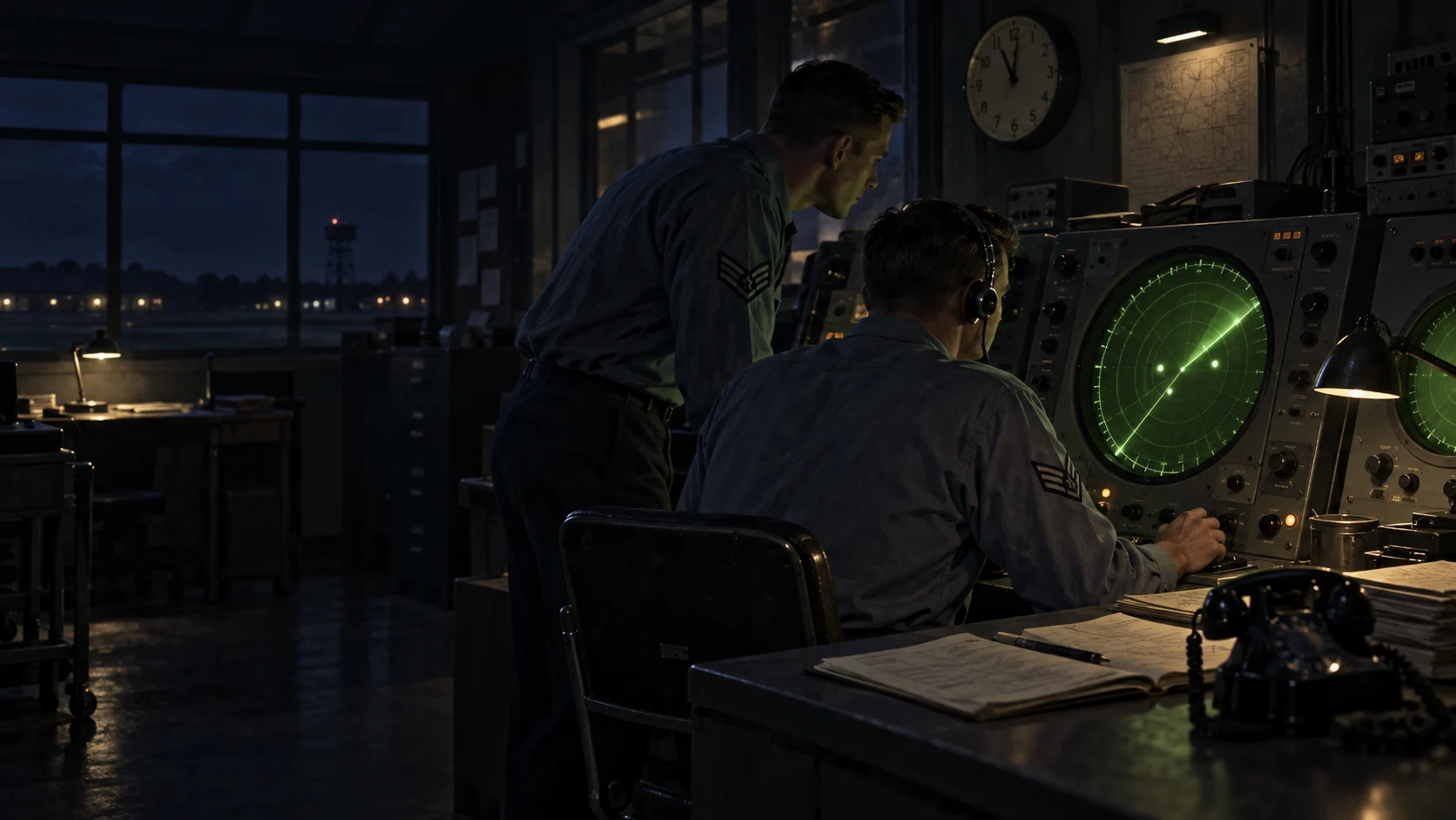Conceptual illustration of two American military controllers studying green circular radar displays in a dim 1950s control room.
