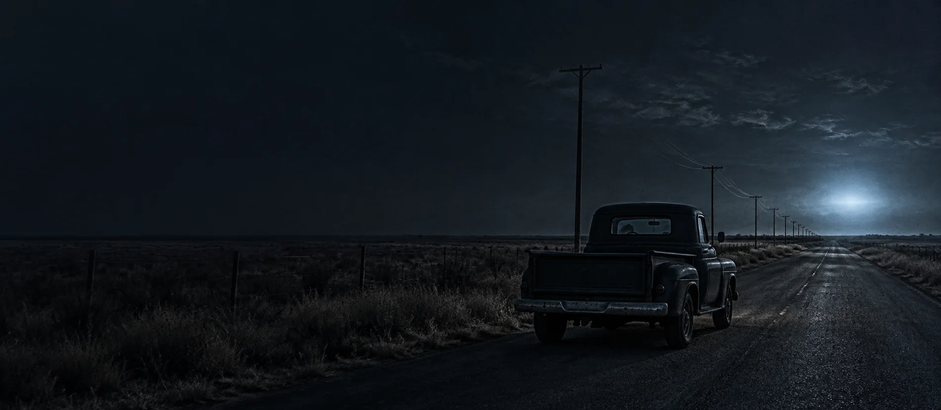 Conceptual illustration of a 1950s pickup stopped on a Texas road, with dark headlights and an ambiguous distant glow.
