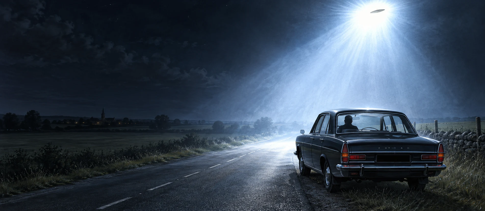 Conceptual illustration of a 1970-era patrol car stopped on a Danish country road beneath a mysterious blue-white light.