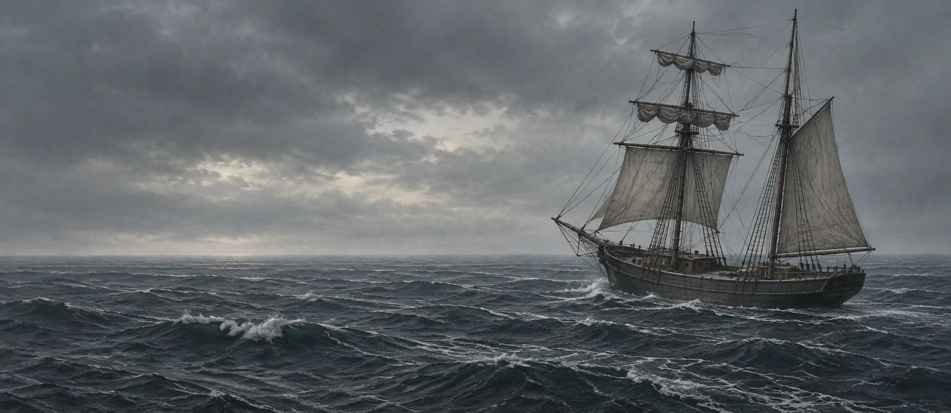 Conceptual illustration of an empty nineteenth-century brigantine drifting on grey Atlantic water beneath an overcast sky.