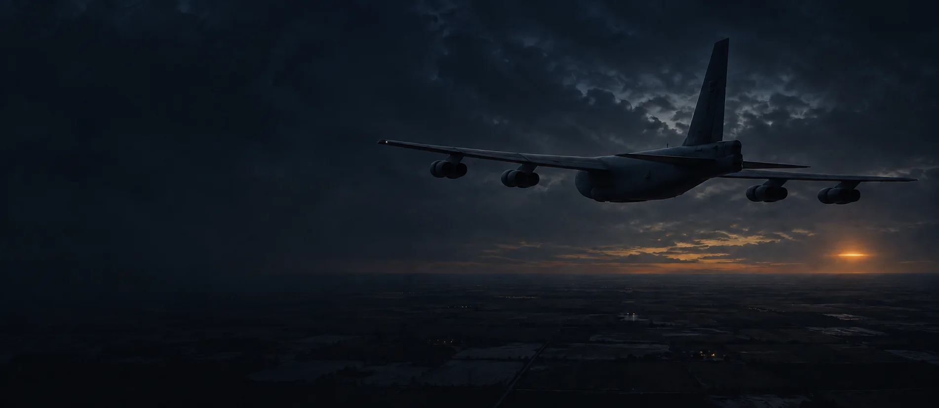 Conceptual illustration of a B-52H flying over dark North Dakota farmland, with a distant orange light near the horizon.