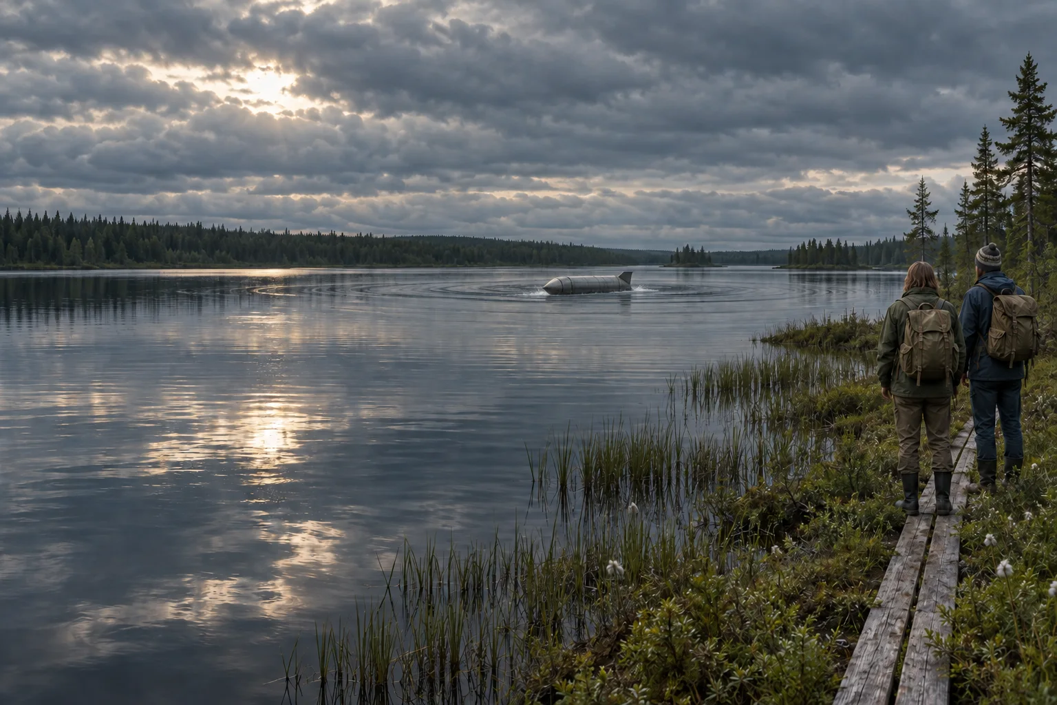 Conceptual illustration of two hikers watching a grey rocketlike object settle on a forest lake beside a wooden walkway in northern Sweden.