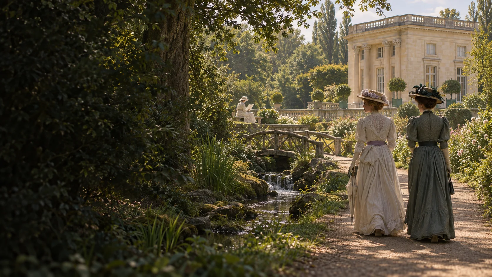 Conceptual illustration of two Edwardian women walking towards the Petit Trianon, with a seated woman in the distance near its terrace.