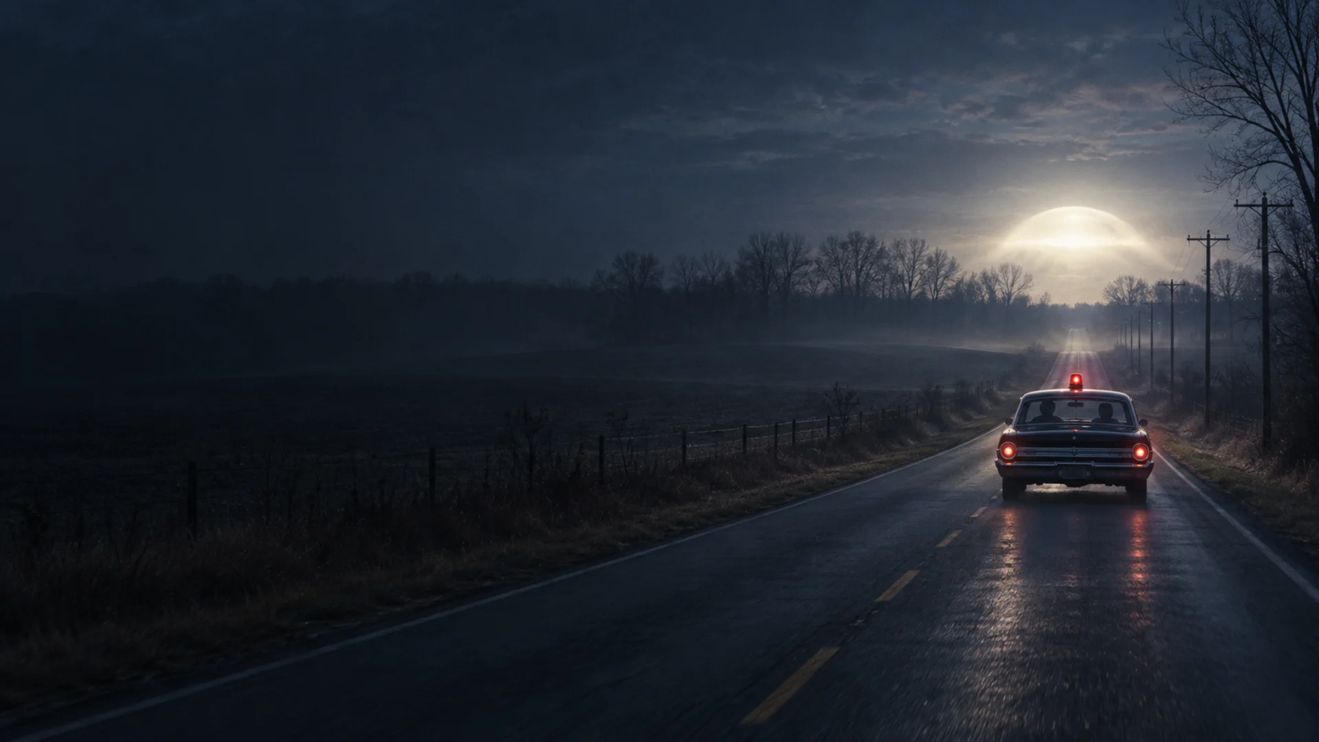 Conceptual illustration of a 1960s police cruiser following a brilliant white object above an Ohio country road before dawn.