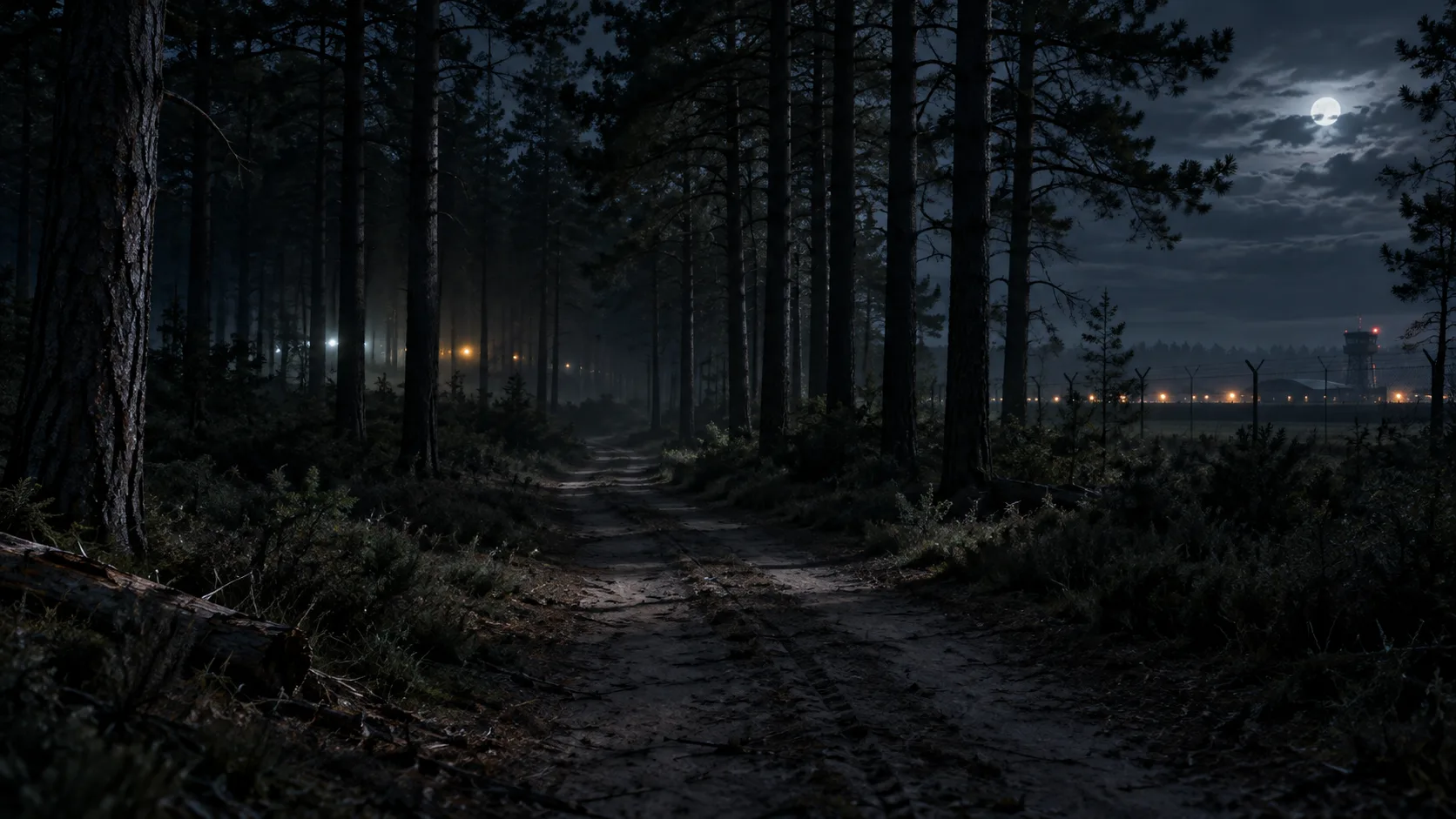 Conceptual illustration of a dark path through Suffolk pines with small distant lights among the trees and an airfield beyond.