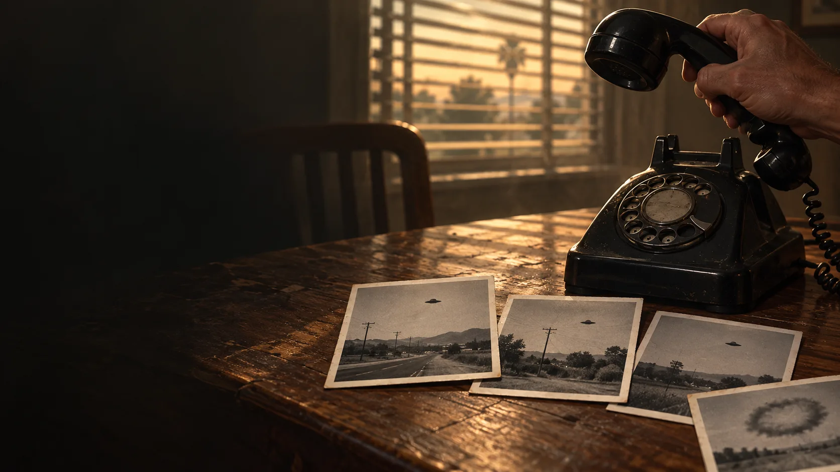 Conceptual illustration of a black rotary telephone and four instant prints on a table in a 1960s California home.