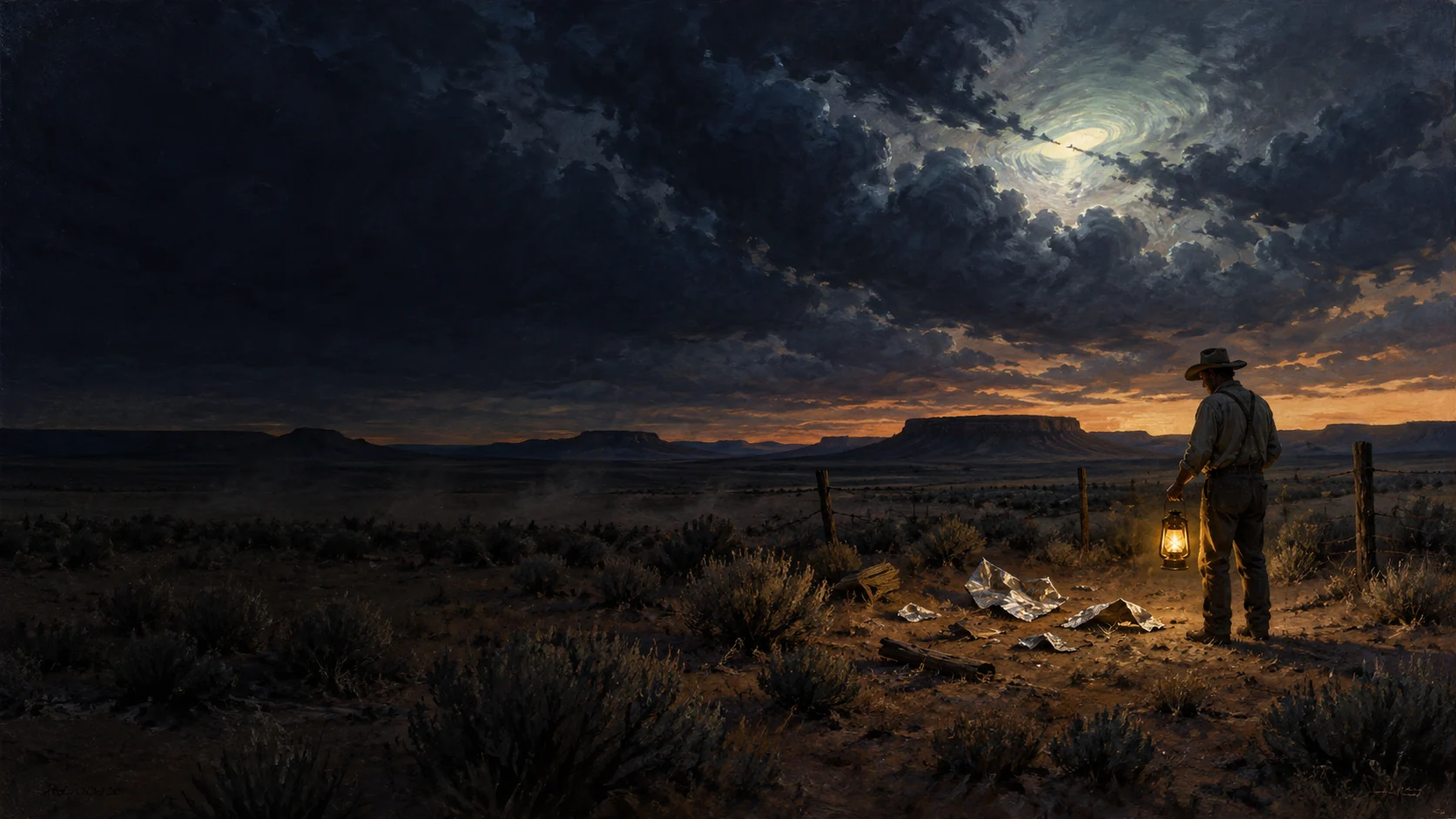 Editorial illustration of a ranch worker with a lantern near scattered debris in the New Mexico desert under a strange glow.