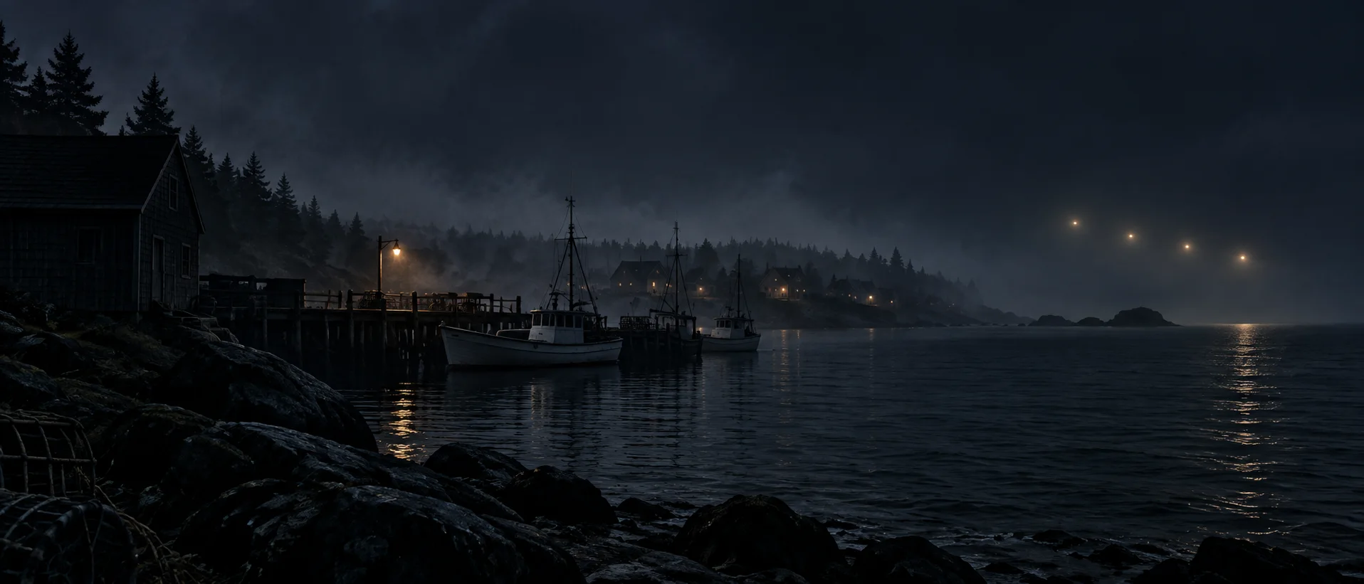 Conceptual illustration of four lights over a dark Nova Scotia fishing harbour.