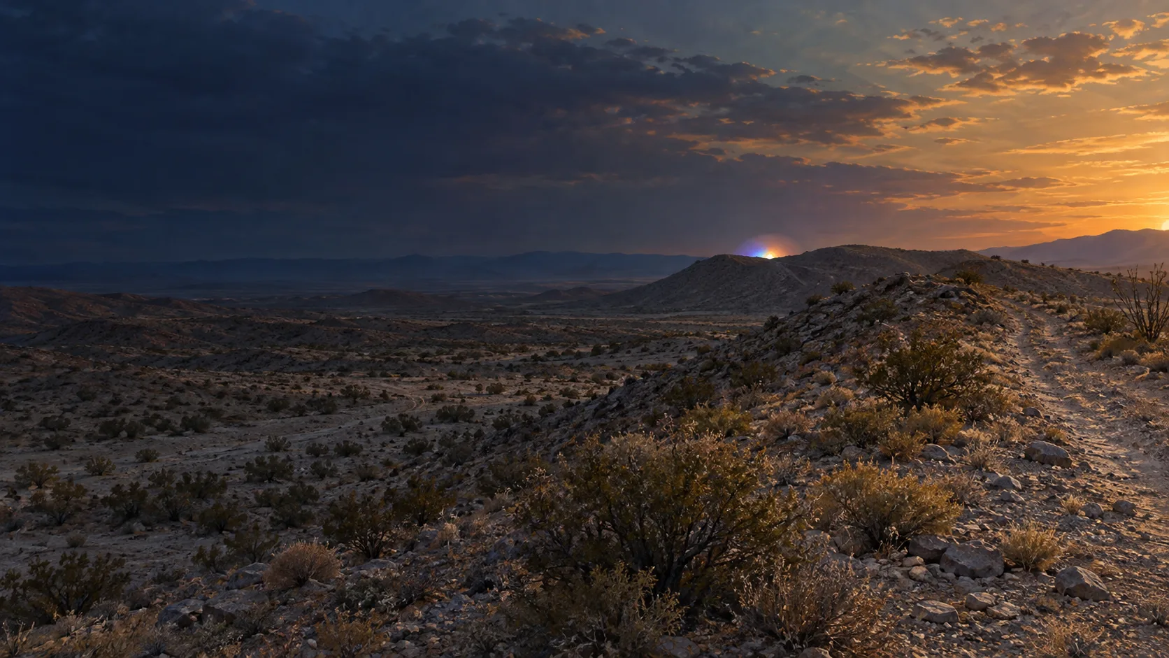 Conceptual illustration of a scrub-covered New Mexico arroyo at dusk, with a small ambiguous glow beyond a ridge.