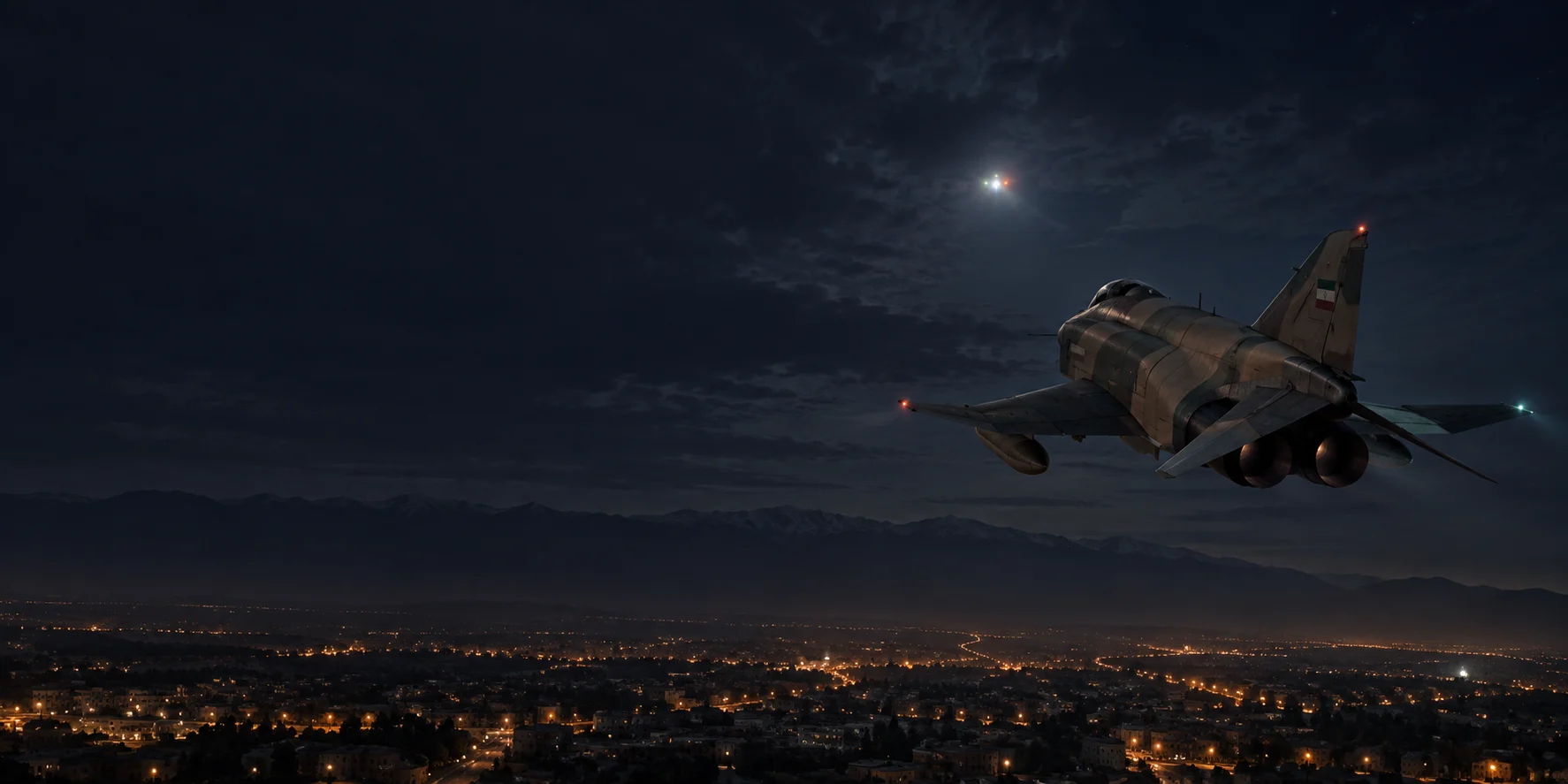 Conceptual illustration of an Iranian F-4 over Tehran at night, approaching a small distant light in a dark sky.