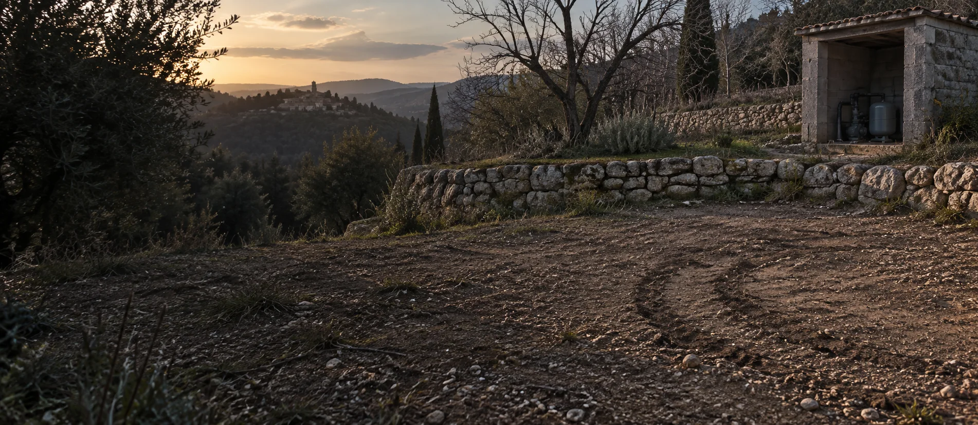 Conceptual illustration of curved scuff marks in a terraced Provençal garden beside a stone retaining wall.