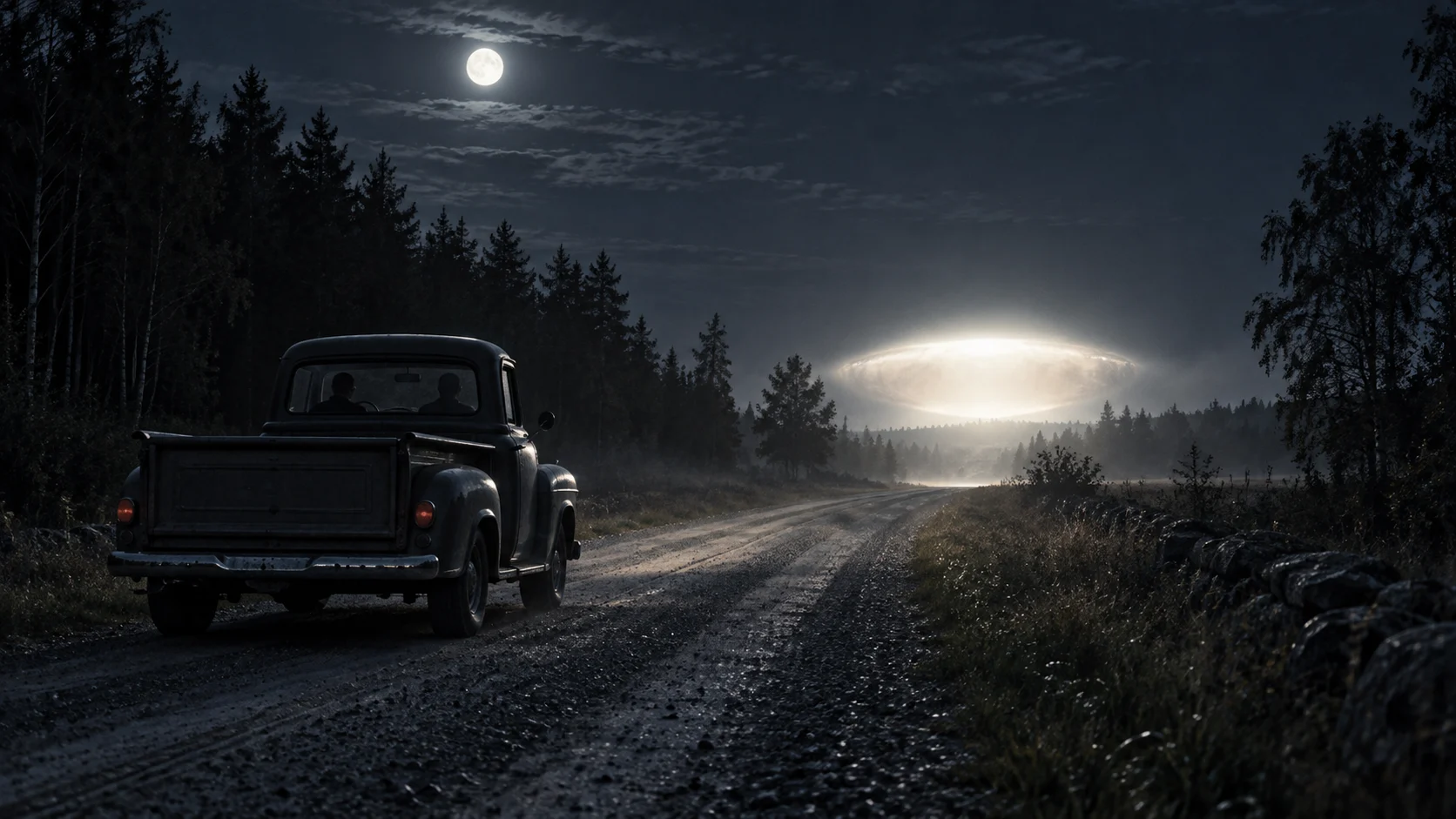 Conceptual illustration of a 1950s pickup stopped on a Swedish gravel road, facing a diffuse luminous object hovering in the distance.