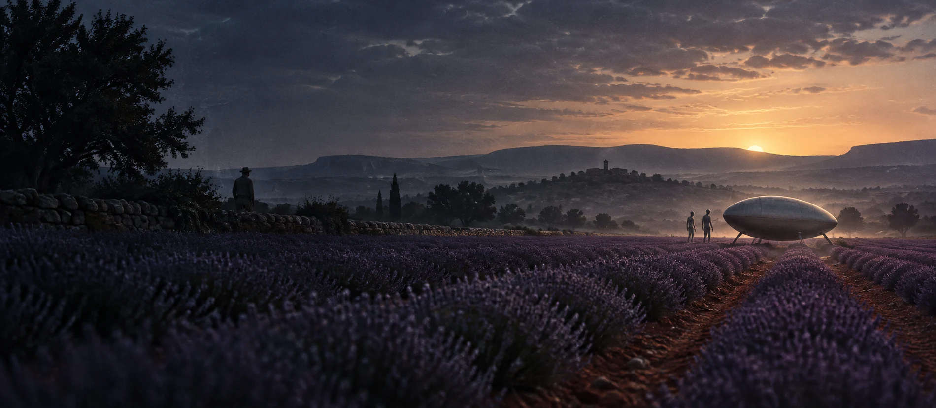 Conceptual illustration of a small oval craft and distant figures among lavender fields on the Valensole plateau at dawn.