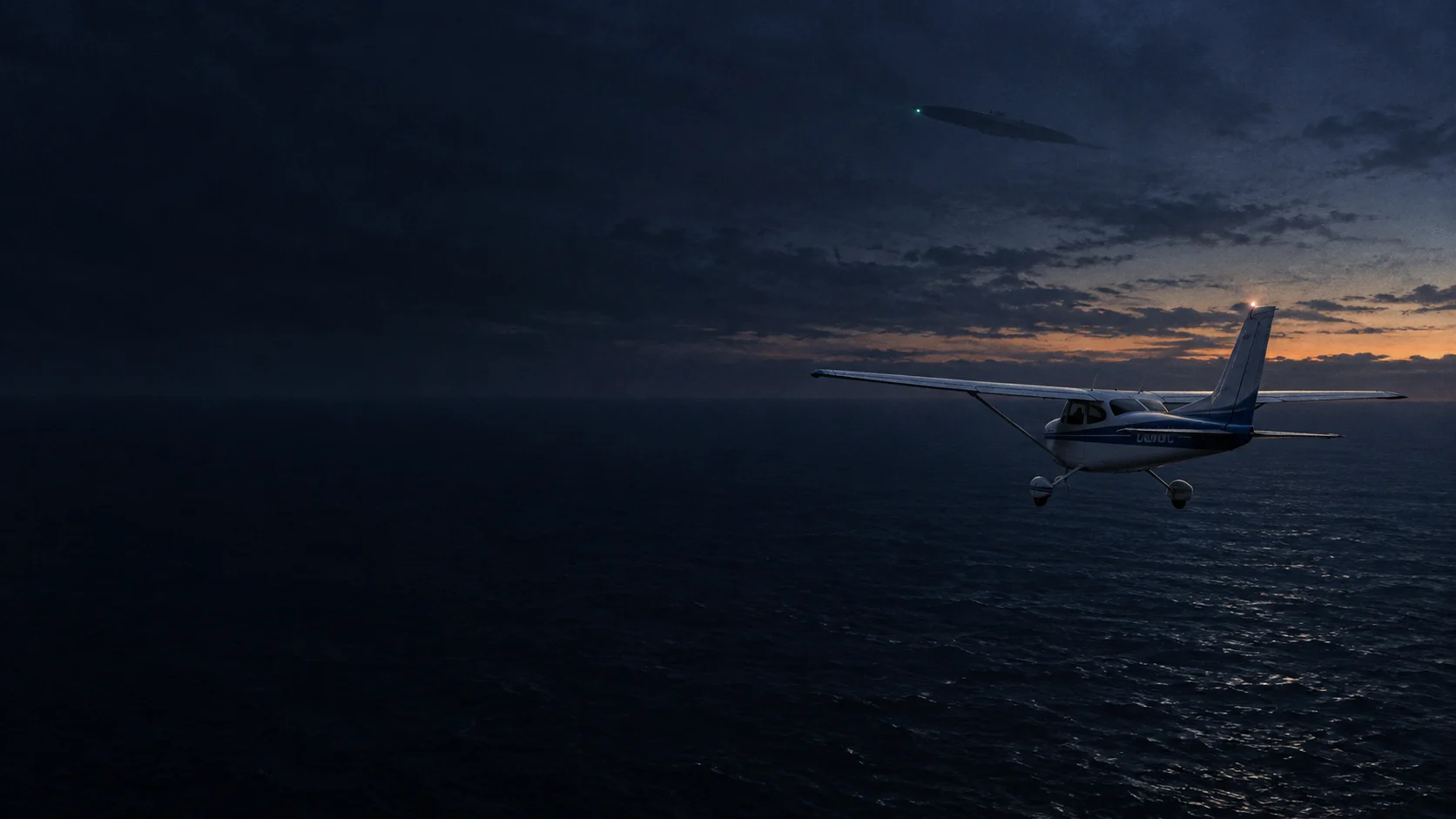 Conceptual illustration of a blue-and-white Cessna flying above Bass Strait at dusk, with an ambiguous shape and a green light above and ahead of it.
