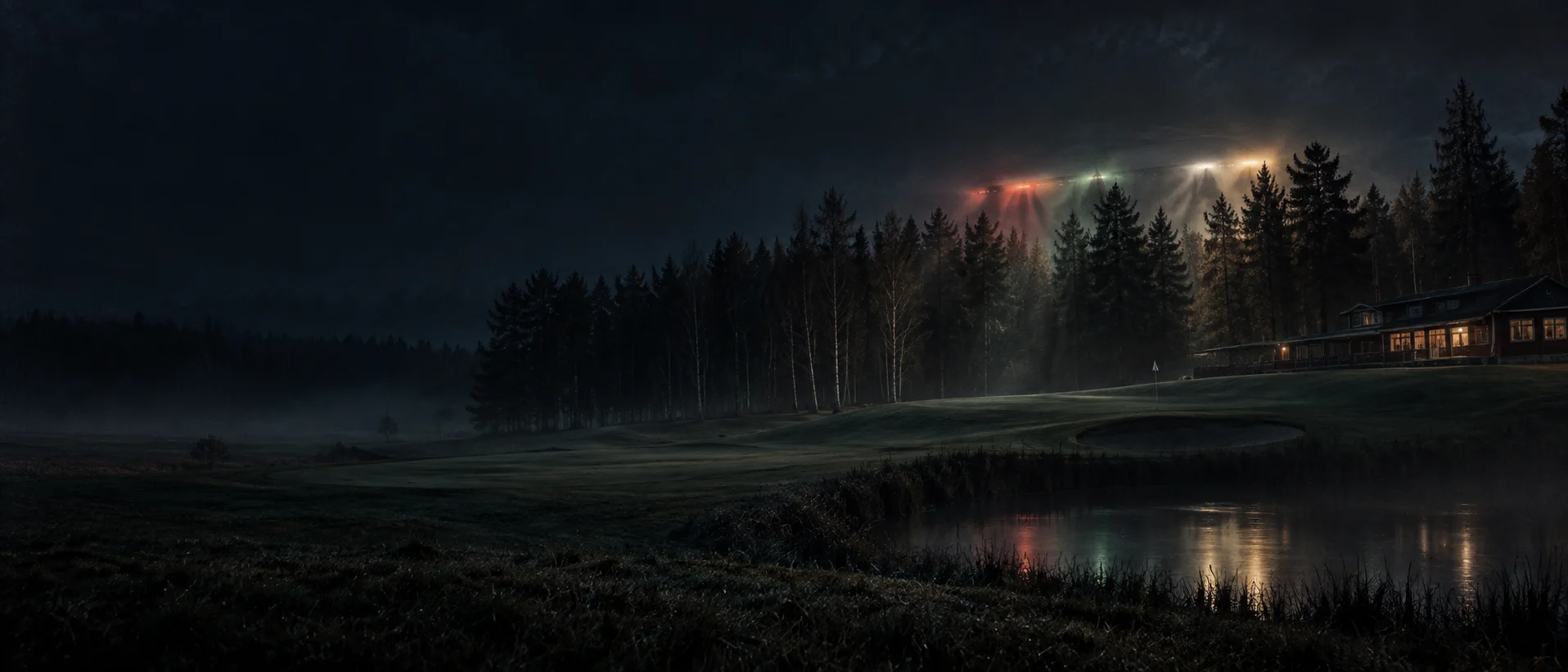 Conceptual illustration of colored lights beyond trees beside a Swedish golf course at night.