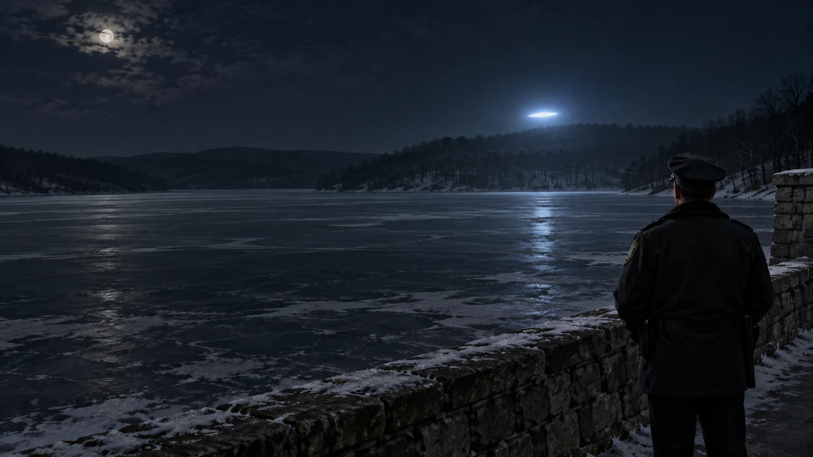 Conceptual illustration of a police officer watching a brilliant blue-white light above a frozen New Jersey reservoir at night.