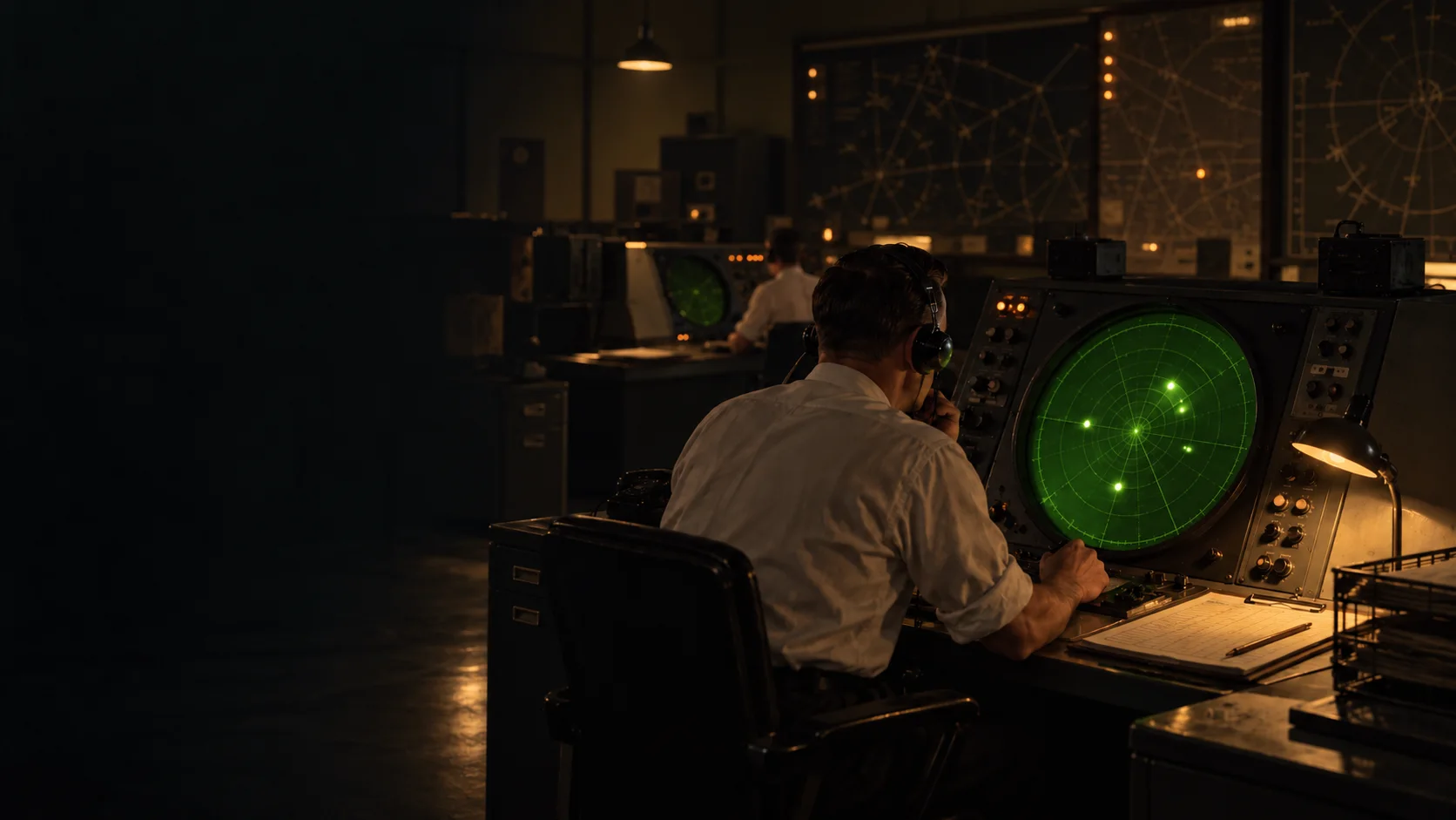 Conceptual illustration of an air traffic controller watching luminous returns on a radar screen in a windowless 1952 control room.